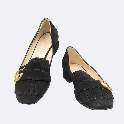 구찌 고이비토 중고명품 Gucci(구찌) 453480 블랙 스웨이드 금장 마몽 GG 프린지 힐 여성용 구두 - 240MM