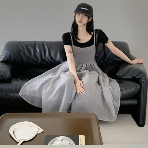 신상오픈런 |KHO560E|여성 시스루 레이어드 미니 드레스 어깨끈 플레어
