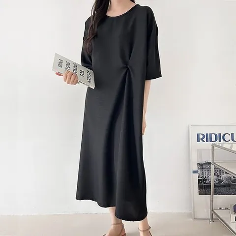 샵앤 국산 라운드넥 꼬임 반팔 루즈핏 임부복 텐셀 롱 원피스 ARA-WDR-5260-블랙