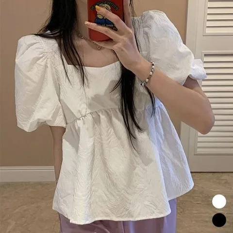 셀러허브 1 여자 입체 패턴 스퀘어 반팔 블라우스 URK-494