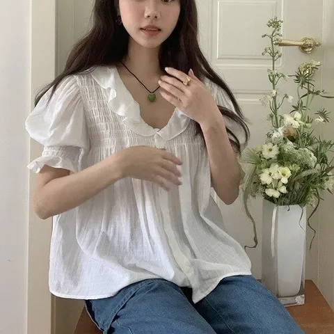 제이0 제이0]아방 퍼프 프릴 반팔 블라우스