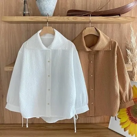 패션플러스 다잇템] 여성 시어 베이직 빅카라넥 드로우코드 패턴 블라우스21731273588872