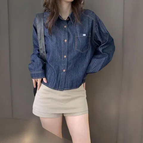 신상오픈런 |CHH4171|여성용 키치무드 탄탄면 포켓 오버사이즈 크롭 데님 셔츠