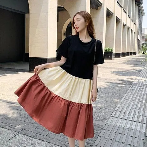 셀러허브 패션 [오노마] ONM 예쁜 배색 넓은 A라인 반팔라운드 데일리 원피스 (25433327)
