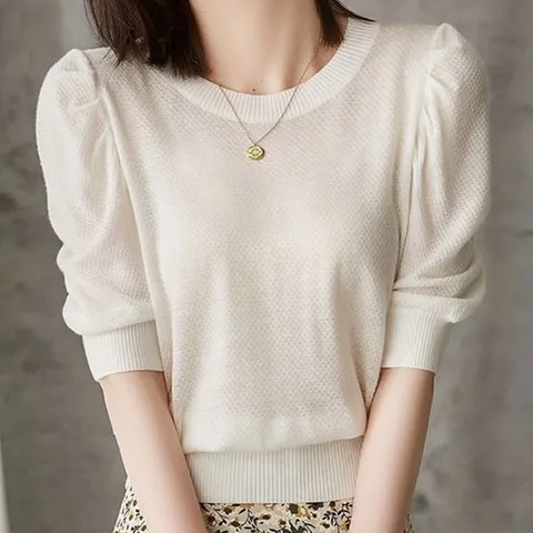 디에이치 퍼프 숄더라인 라운드 여름 니트_P322119573