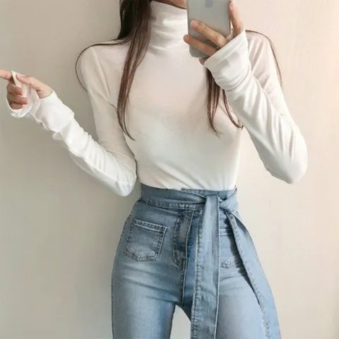 옷자락 여자 세미시스루 소프트 워머긴팔티 목폴라 티셔츠_P376739478