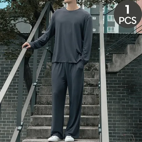 기타브랜드 남자 기모 가을 겨울 긴팔 잠옷 실내복 홈웨어 라운드 무지 잠옷바지 상하 세트 선물