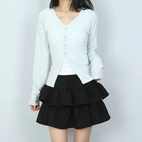 파라노말샵 잘록핏) 실키 골지 브이넥 트임 슬림 가디건 (파라노