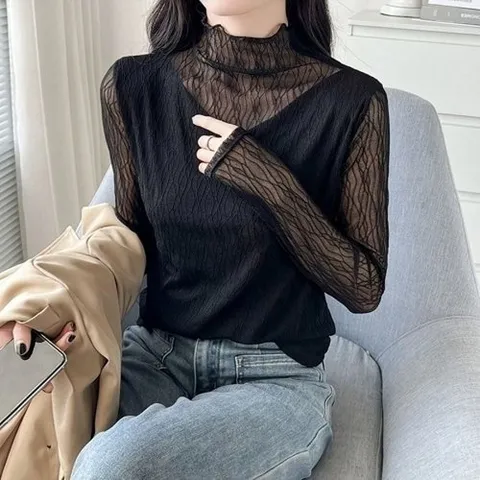 브이와이 VCMT8UVK]더블 레이어 메쉬 이너 블라우스 폴라 티25822655643542