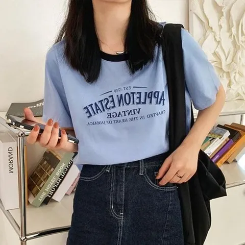 셀러허브 패션 [오노마] ONM 배색 레터링 반팔 티셔츠 빈티지 무드 캐주얼 데 (38153823)