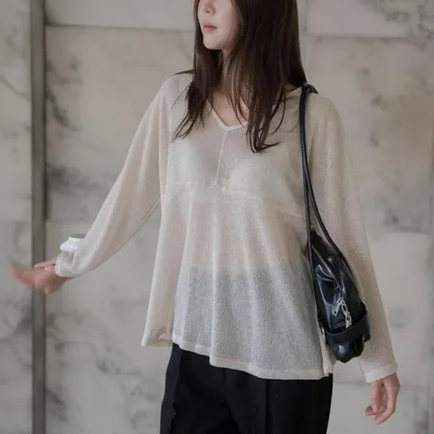 셀러허브 1 여성 비침 마원단 V넥 빅사이즈 티셔츠