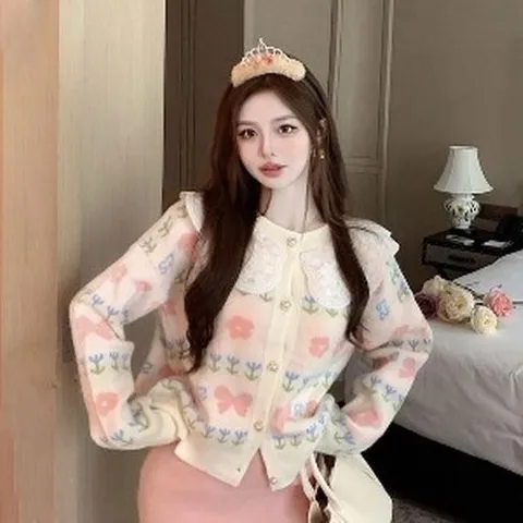 셀러허브 패션 레이스카라 연핑크 플라워 패턴 가디건 (11292444)