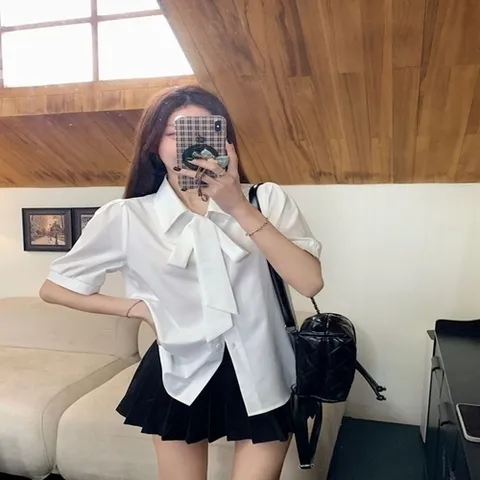 기타 여자 데일리 리본카라 반팔 블라우스(HSJ-WFIYW7H)