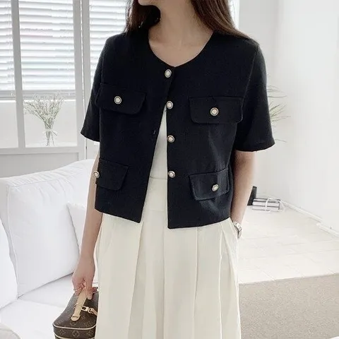 제이0 제이0]포켓 단추 라운드 반팔 자켓