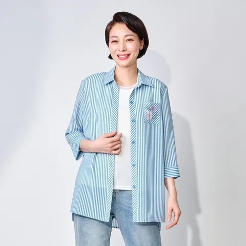 마담엘레강스 마담엘레강스] 포켓 포인트 스트라이프 시어서커 블라우스 K242BL04