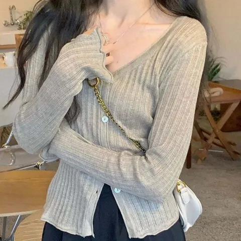 패션플러스 [셀럽하우스] 여자 SYKX5235 여름 브이넥 얇은 소재 긴팔 골지 가디건