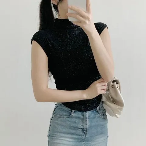 옷자락 여자 목폴라 블링 펄 캡소매 굴림 크롭 슬림핏 나시_P424804698