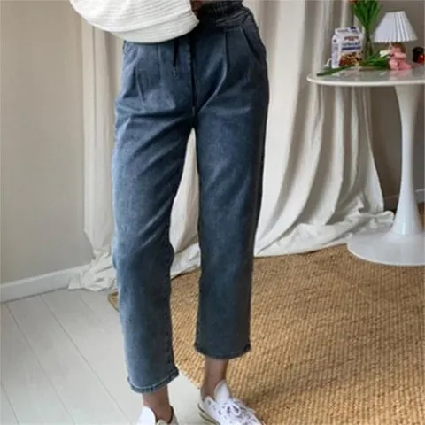 셀러허브 패션 여자 맘진 허리밴딩 고무줄 배기핏 보이 데님 팬츠