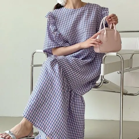 옷자락 여자 러블리 프릴 빅사이즈 시어서커 체크 롱원피스_P396352389