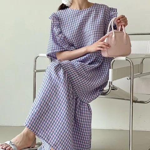 옷자락 여자 러블리 프릴 빅사이즈 시어서커 체크 롱원피스