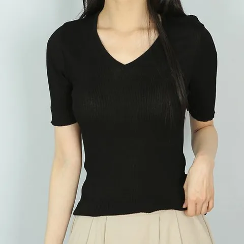파라노말샵 5색 골지 브이넥 슬림 컷팅 반팔 니트티 (파라노말샵)