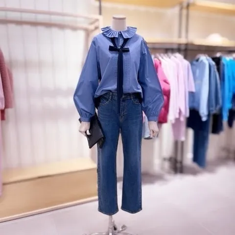 시에로 SH1SHF040플리츠 핀턱 단작 투톤 블라우스