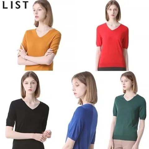 리스트 슬림핏 솔리드 브이넥 반팔 니트_P339468560