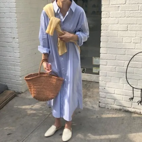 옷자락 여자 클래식 루즈핏 스트라이프 셔츠 포켓 롱 원피스