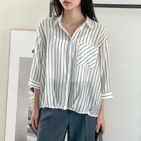 셀러허브 패션 여자 프렌치 세로줄 시스루 루즈핏 셔츠