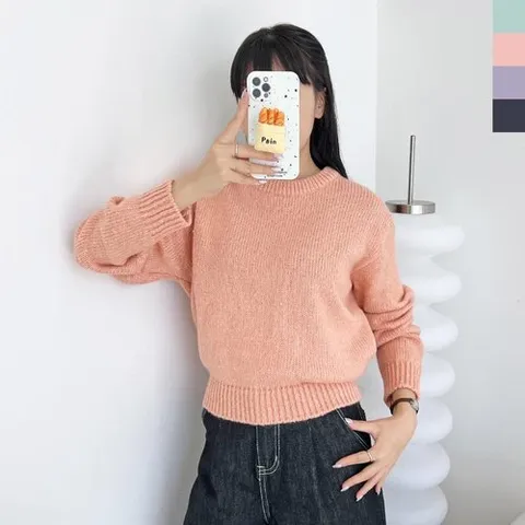 신상오픈런 기본 무지니트 라운드넥 살구색 연보라 귀여운색