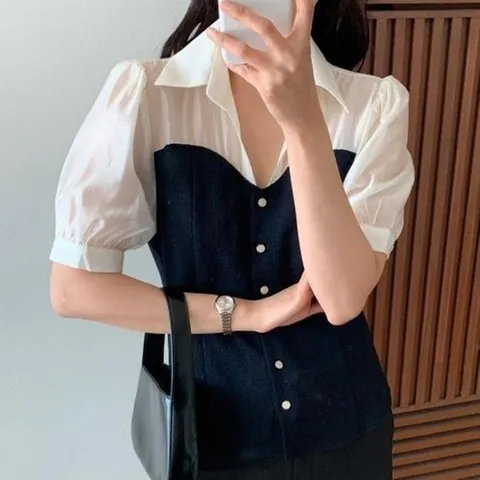 패션플러스 다잇템] 여자 코르셋 비침 하트 카라 콘트라스트 반소매 블라우스21184272588872