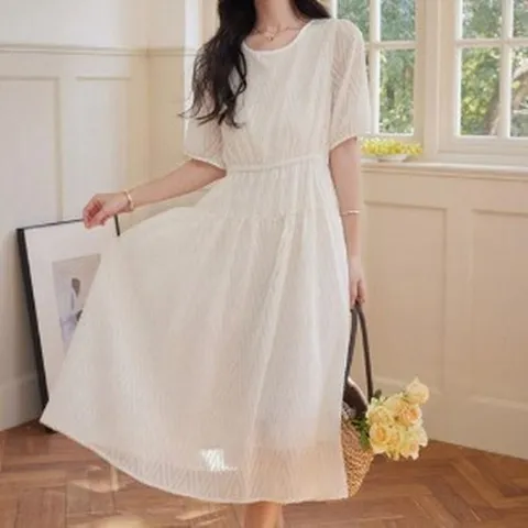 셀러허브 패션 여성 데일리 쉬폰원피스 미디 라운드넥 반팔원피스