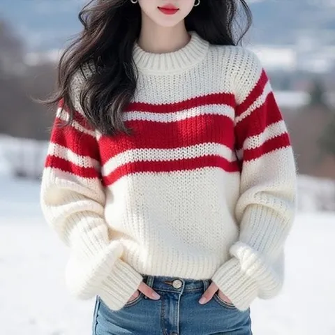 셀러허브 1 빨간색 스트라이프 포인트 루즈핏 여성 니트 스웨터 (29989026)