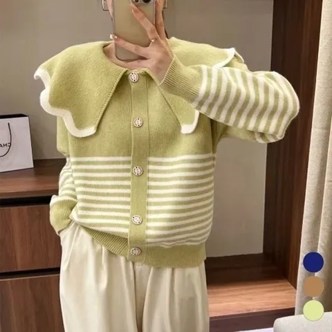 엄지척 깔끔 외출복 빅카라 물결 단가라 니트 가디건20338130667501