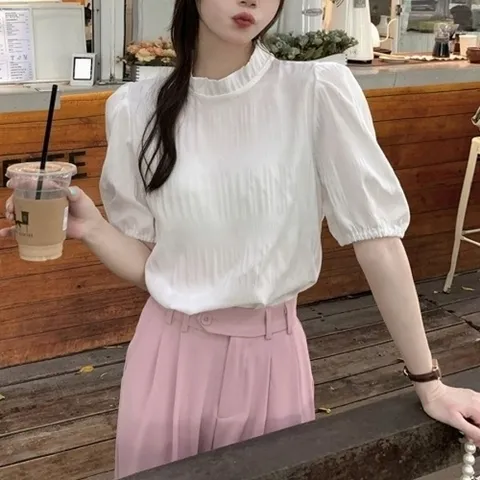 엄지척 하이넥 주름 소매 퍼프 심플 반팔 블라우스19652327667501