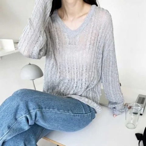 기타 패턴 꽈배기 캐주얼 여름용 시스루 필수템 브이넥 긴 (KYR-WFH3WP5)