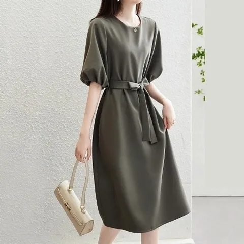 엄지척 S 9721 여자퍼프반팔소매스트원피스 플 벨티드 호캉스19957117667501