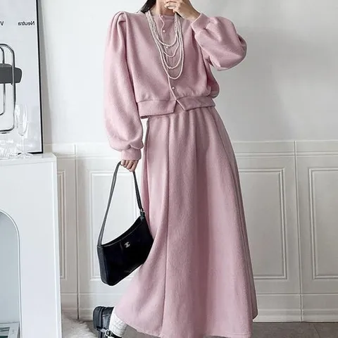 셀러허브 1 여자 진주 빨간 치마 셋업 카디건 핀턱 세트