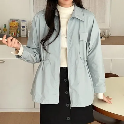 신상오픈런 허리조절 하늘색 얇은긴팔 힙커버 봄야상 여자 흰점퍼 (28832838)