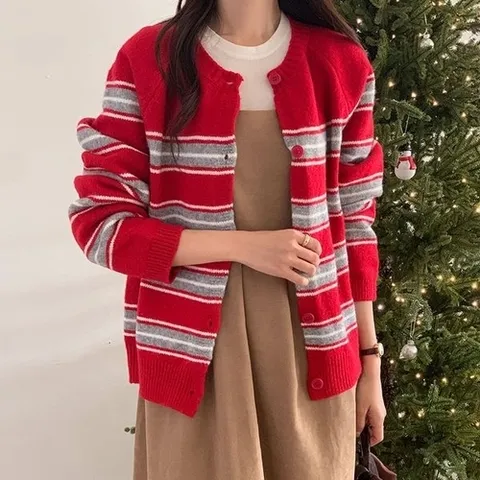 옷자락 여자 빨간니트 나그랑 배색 단가라 라운드니트 가디건_P413171577