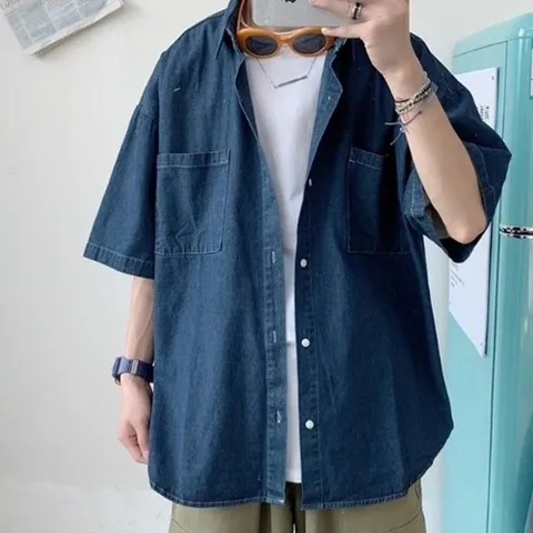 셀러허브 패션 [리더스] 남성 반팔 데님셔츠 여름 무지 청남방 진청