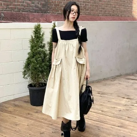 옷자락 여자 캐주얼 멜빵 사이드포켓 카고 민소매 미디 원피스_P392392659