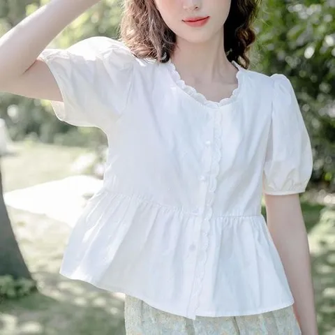 [오노마] ONM G126919_레이스포인트 밴딩퍼프 반팔 블라우스 (37313090)