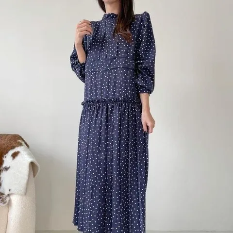 셀러허브 패션 여자 보헤미안 플리츠 도트 긴팔 셔츠핏 원피스_4