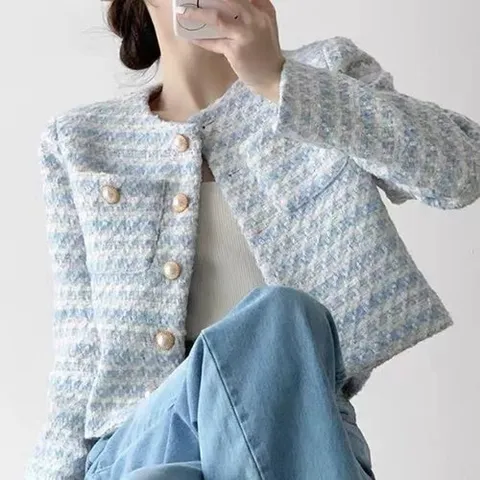 기타브랜드 진주단추 노카라 투위드 자켓
