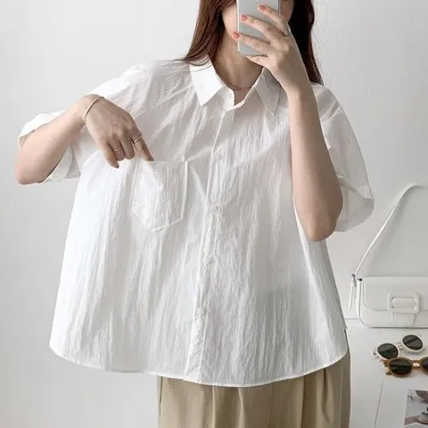 셀러허브 패션 여자 박시핏 롤업반팔 바스락 셔츠