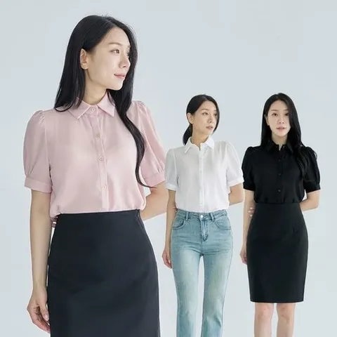 더웨이나인 반팔 기본 퍼프 블라우스 카라 정장 이너 상의 쉬폰 면접 여름 출근 화이트_P323606433