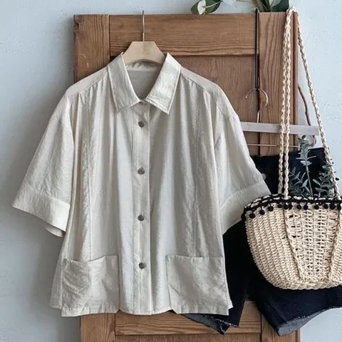 옷자락 여성용 오버사이즈 세미크롭 반팔 셔츠 핀턱 캐주얼_P397494213