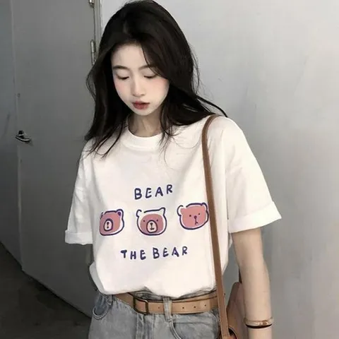 셀러허브 패션 여성 곰돌이 레터링 루즈핏 흰색 반팔 티셔츠_3