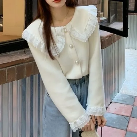 엄지척 캐주얼 카라 레이스 블라우스 겉기모 러블리룩19643063667501
